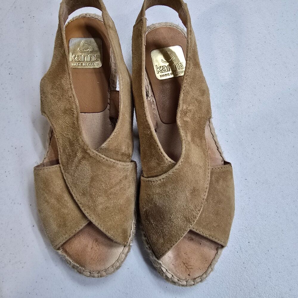 Kanna Tan Suede Espadrille Sling Back Wedge Sandal Peep Toe Spain Made 36 US 6